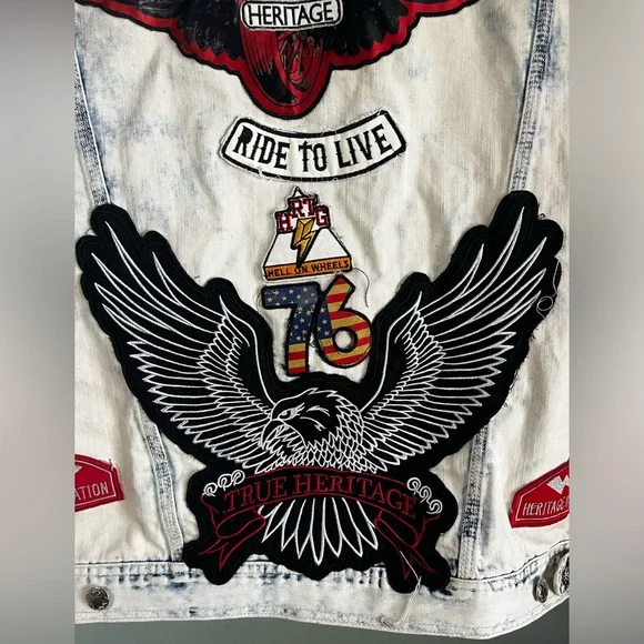 Heritage America 1776 250 years Bleached Denim Biker Moto Patch Vest XXL - Picture 6 of 7